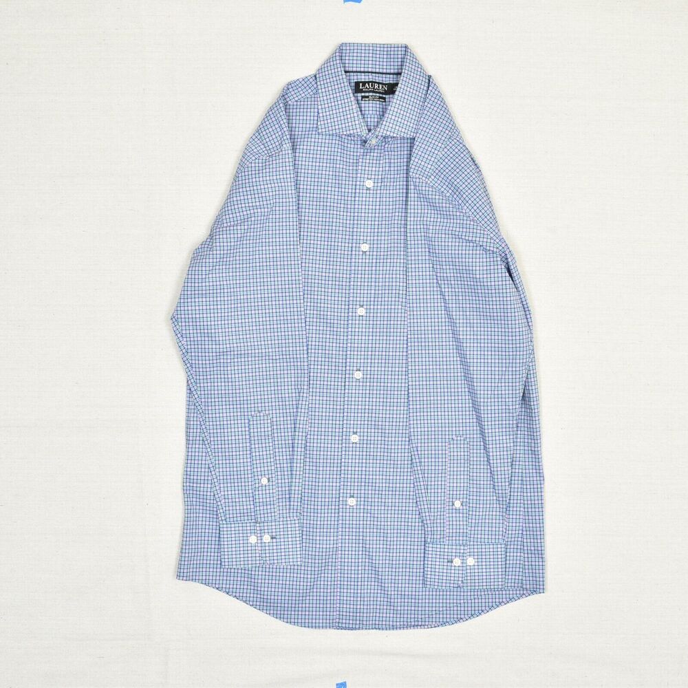 LRL Lauren Ralph Lauren Cotton Blue Plaid Size 15.5 32/33 Slim Non Iron Stretch - Picture 2 of 8